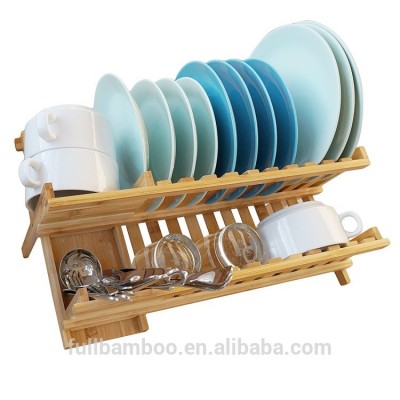 Bamboo Dish Rack Drying Bamboo Dish Drainer Folding Countertop 2 Tier Wooden Utensil Dryer