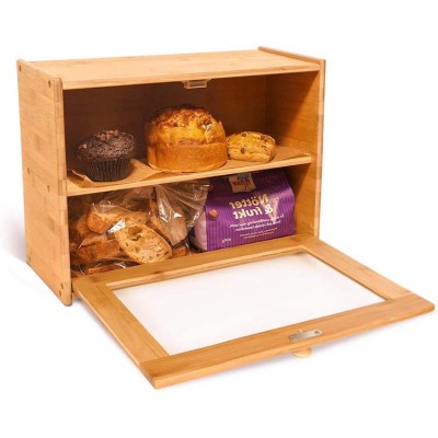 2-Layer Large Bamboo Wooden Bread Box for Kitchen Counter with Transparent Window