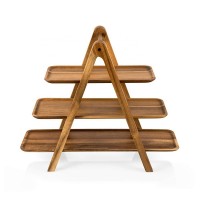 3-tier Dessert Stand Serving Platter Rectangle acacia wood food serving tray set with folding triangle shelf