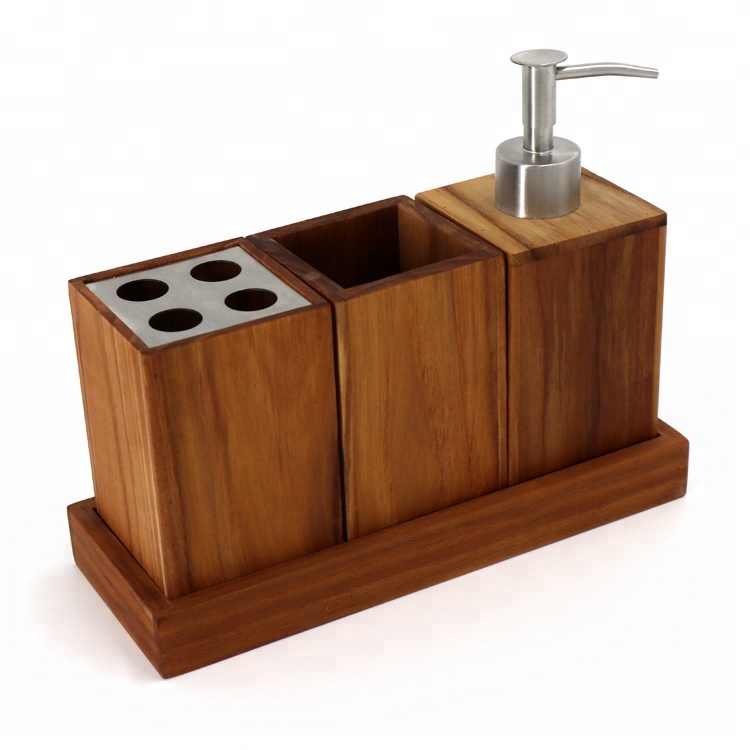 Teakwood Bathroom Accessories, Mliquid Soap Dispenser and toothbrush holder with tray