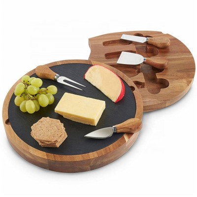 Round Slide Out Acacia Wood and Slate Cheese Serving Board with 4 Piece Specialist Knife Set